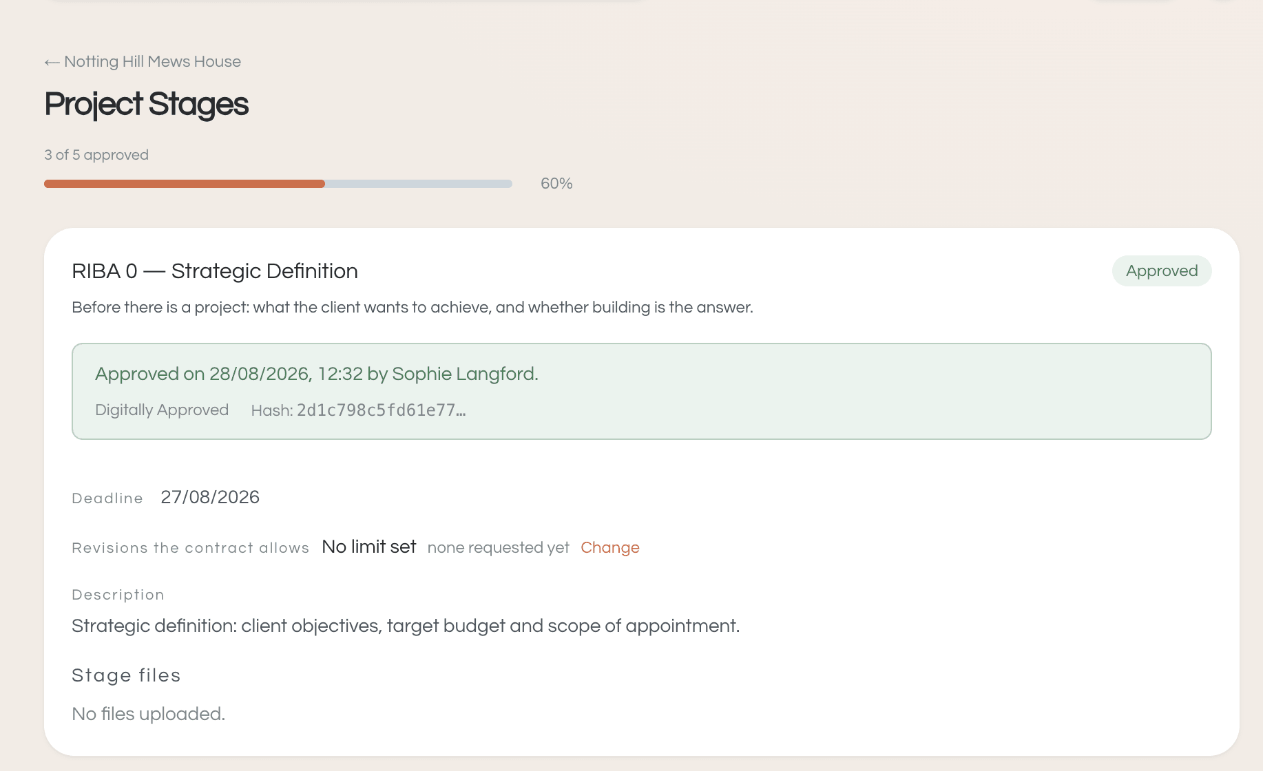 RIBA stage 0 approved by the client, with the date, time and approval hash